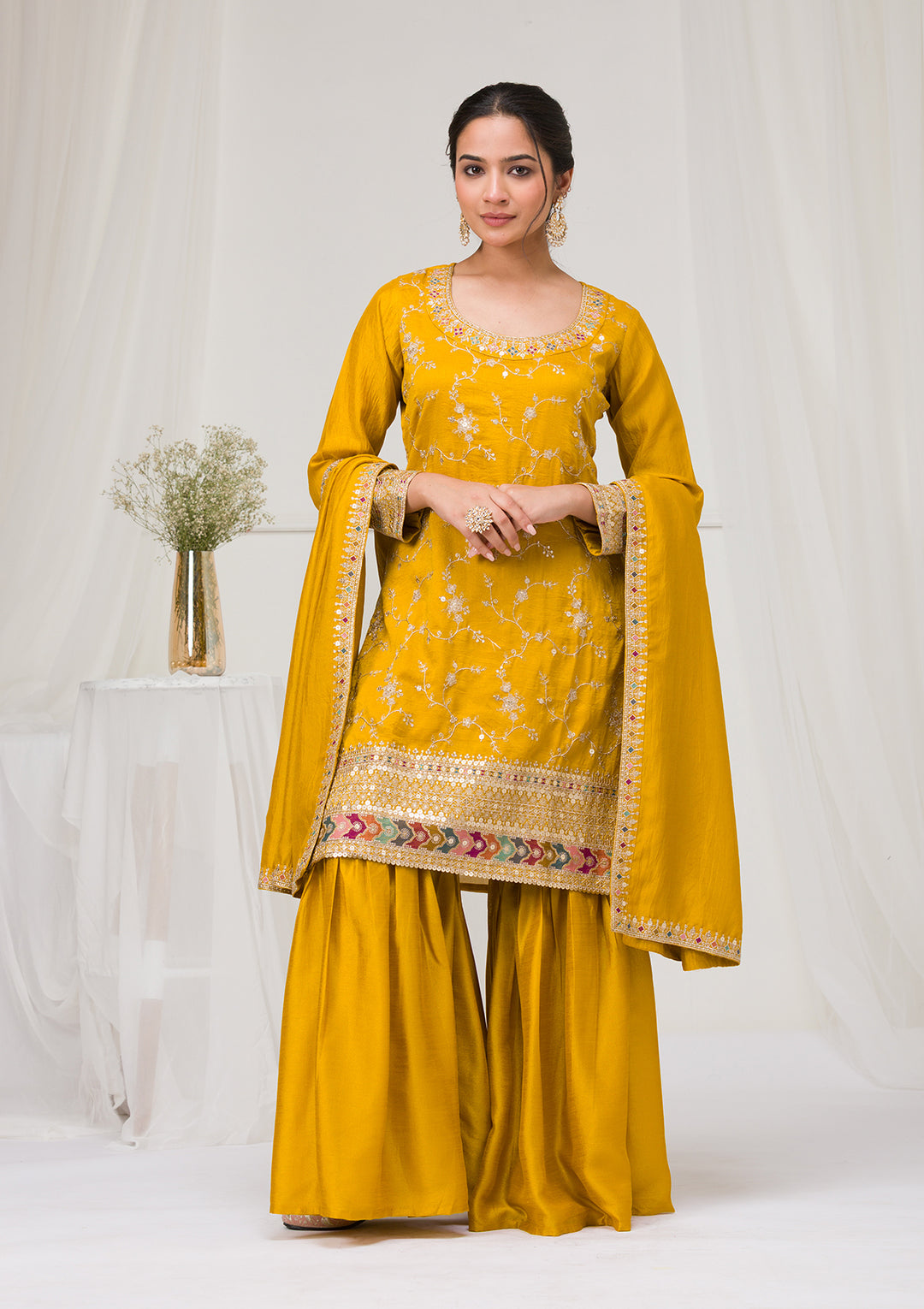 Mustard Zariwork Raw Silk Readymade Salwar Suit