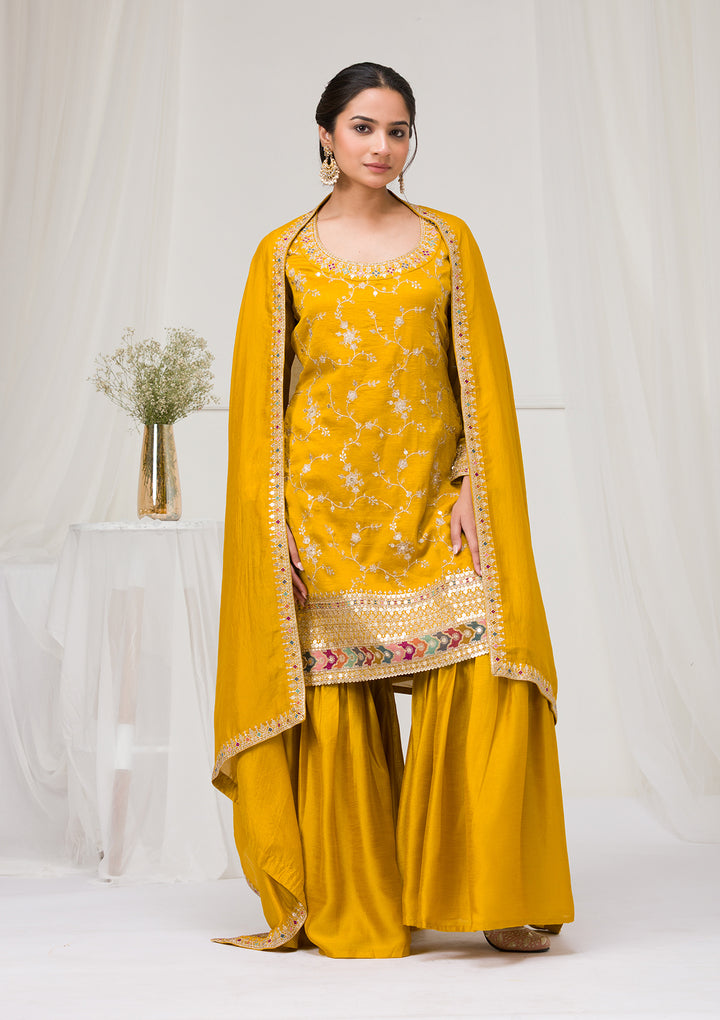Mustard Zariwork Raw Silk Readymade Salwar Suit