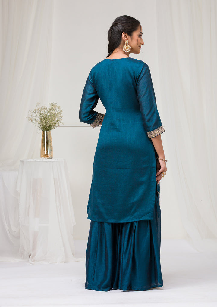 Peacock Blue Zariwork Raw Silk Readymade Salwar Suit