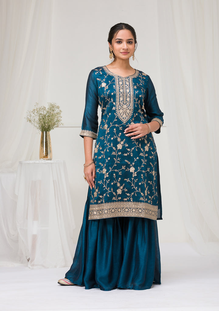 Peacock Blue Zariwork Raw Silk Readymade Salwar Suit