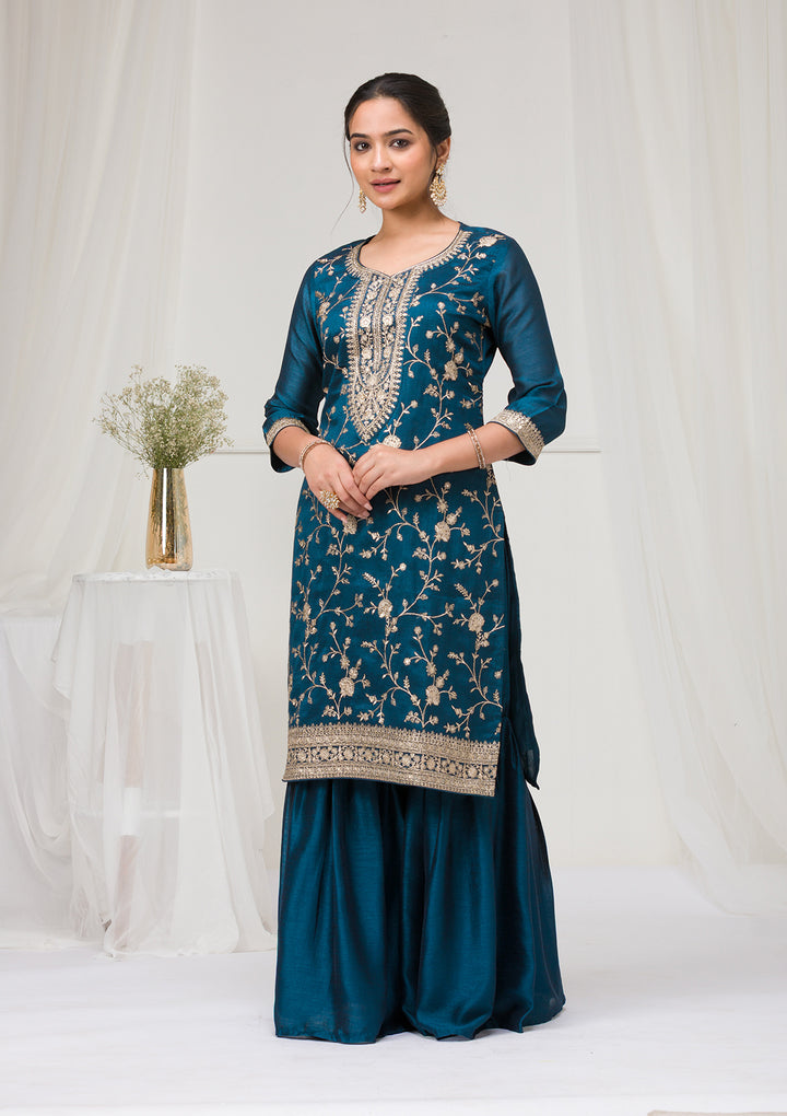 Peacock Blue Zariwork Raw Silk Readymade Salwar Suit