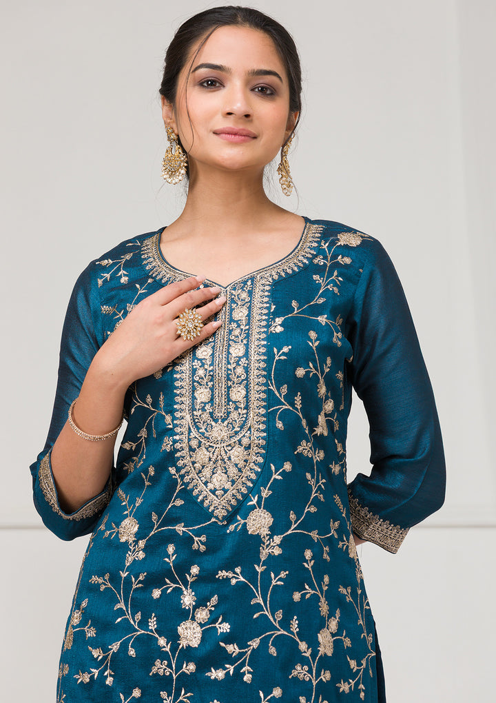 Peacock Blue Zariwork Raw Silk Readymade Salwar Suit