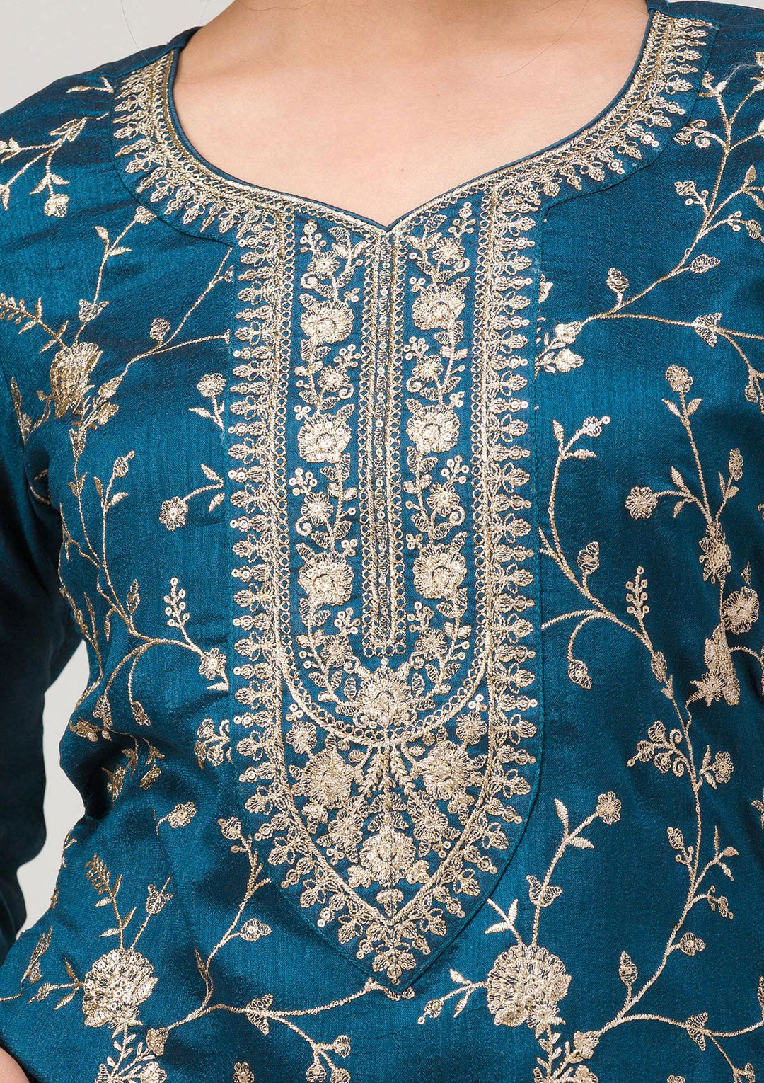 Peacock Blue Zariwork Raw Silk Readymade Salwar Suit