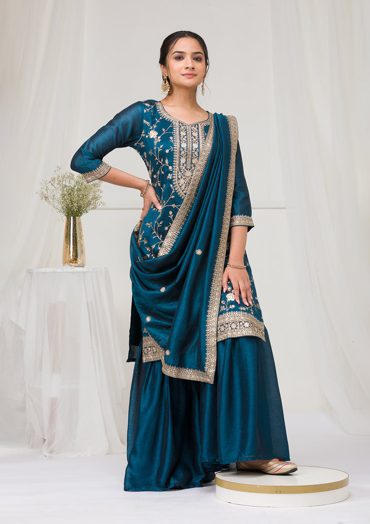 Peacock Blue Zariwork Raw Silk Readymade Salwar Suit