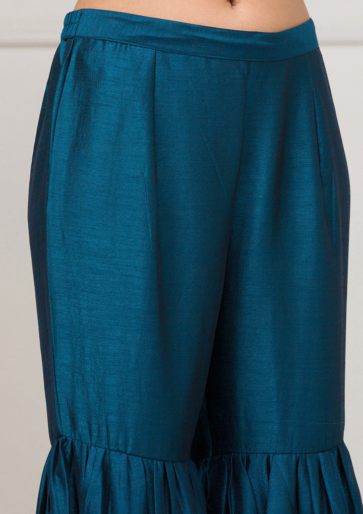 Peacock Blue Zariwork Raw Silk Readymade Salwar Suit