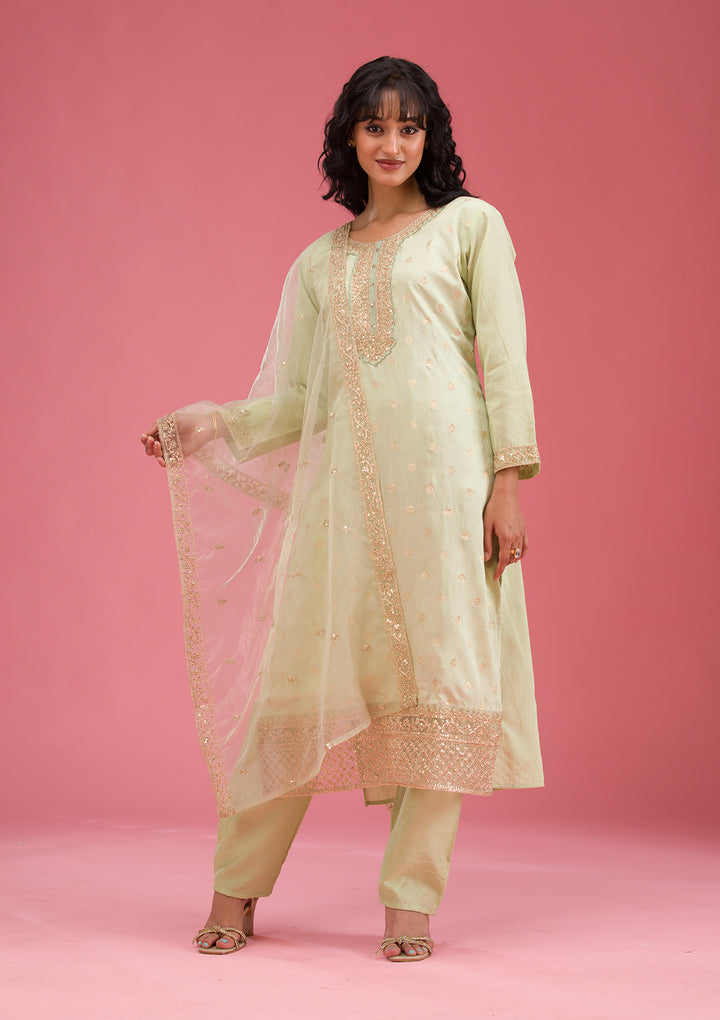 Pista Green Cording Chanderi Readymade Salwar Suit