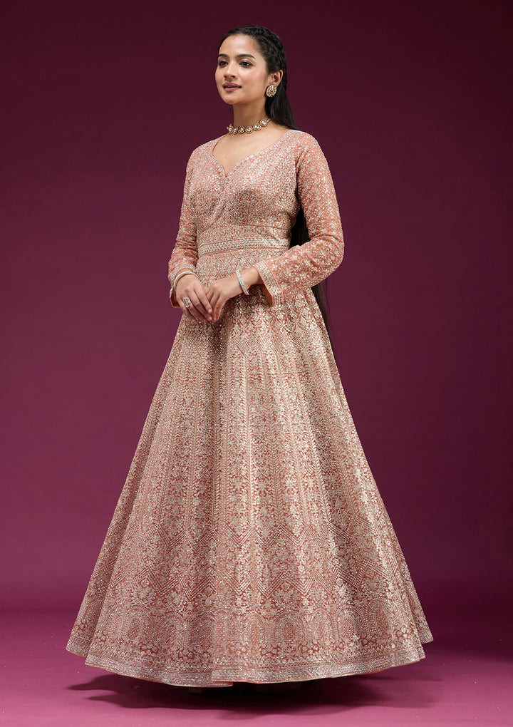 Orange Zariwork (Gold) Net Readymade Anarkali Suit