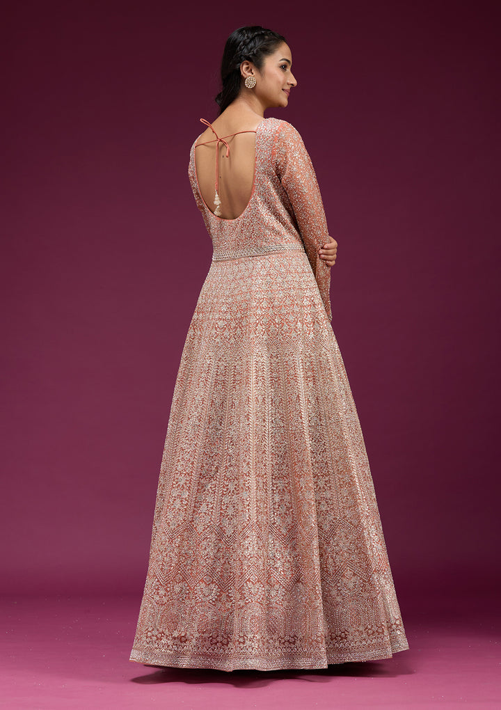 Orange Zariwork (Gold) Net Readymade Anarkali Suit