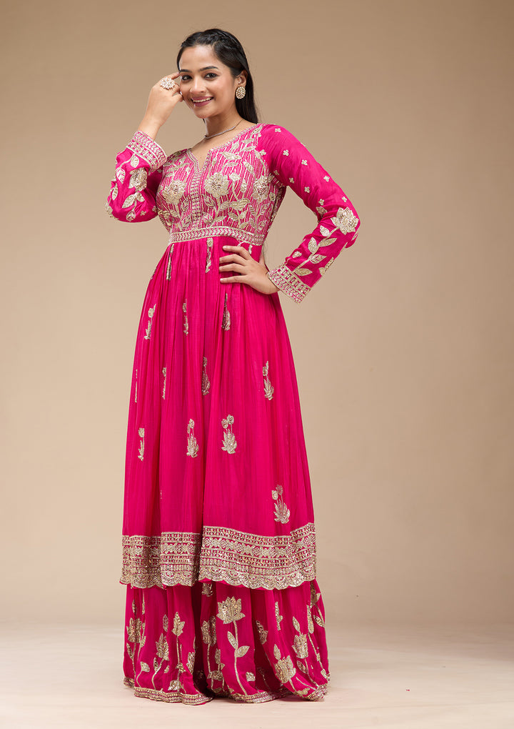 Magenta Pink Sequins Soft Raw Silk Readymade Salwar Suit