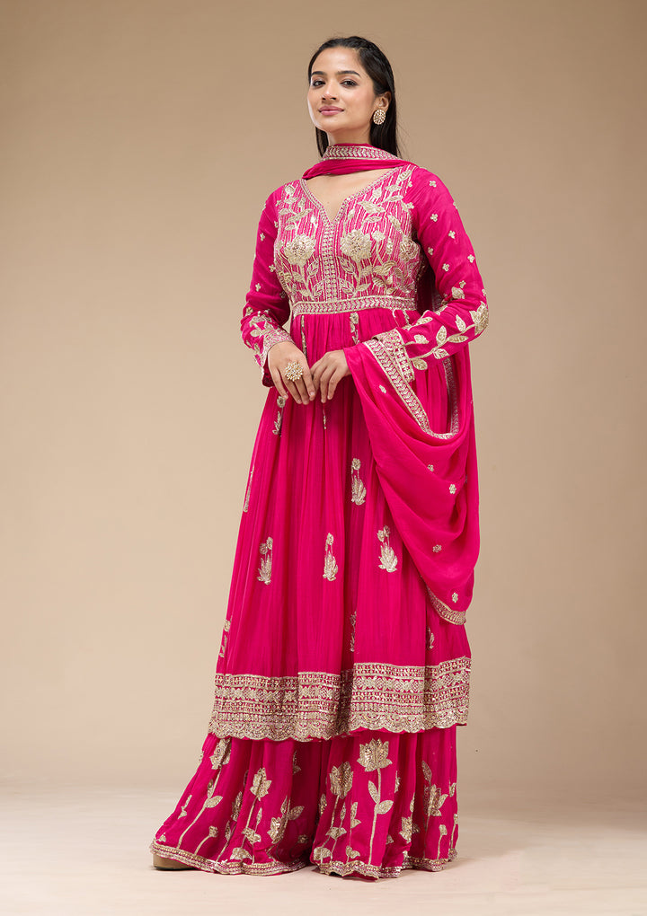 Magenta Pink Sequins Soft Raw Silk Readymade Salwar Suit
