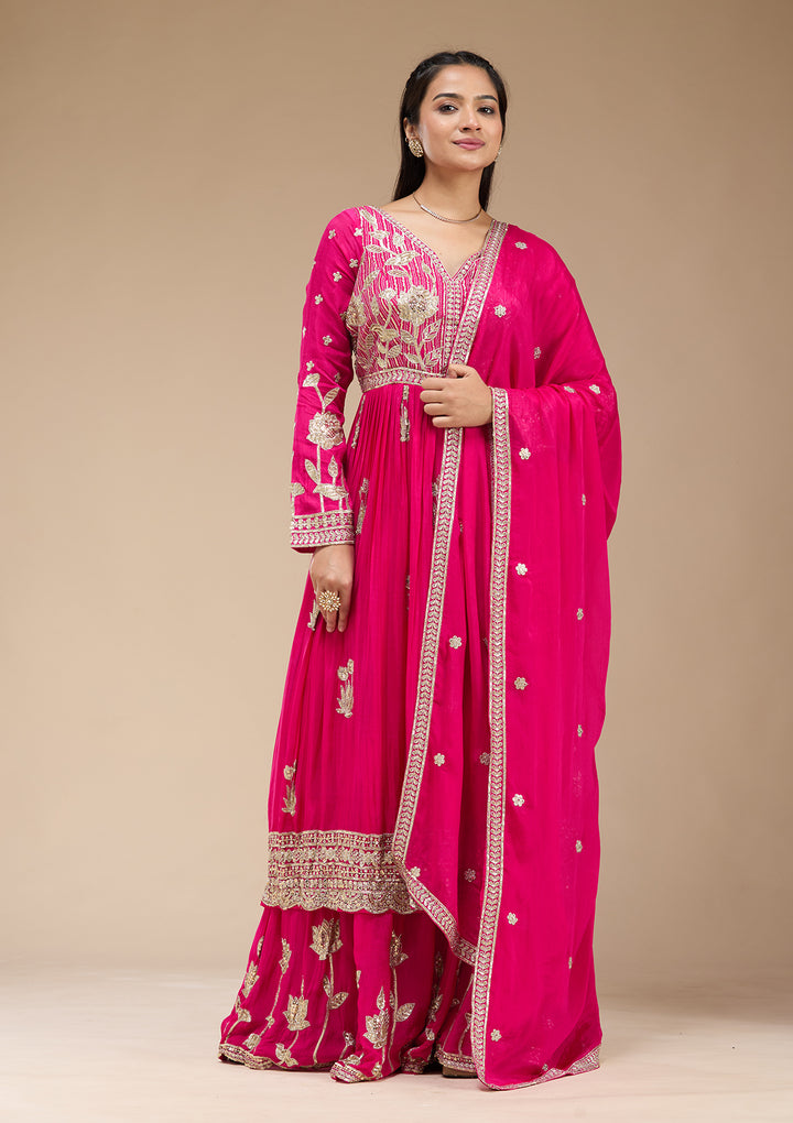 Magenta Pink Sequins Soft Raw Silk Readymade Salwar Suit
