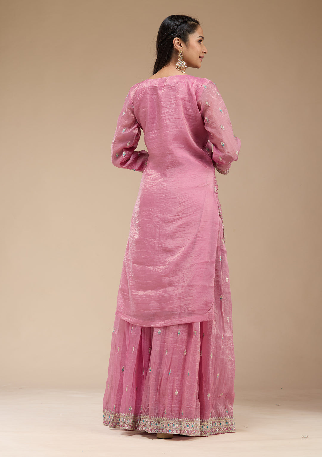 Pink Zariwork (Gold) Organza Readymade Salwar Suit