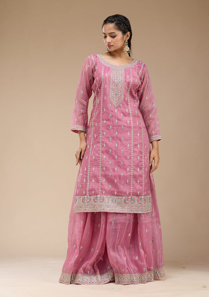 Pink Zariwork (Gold) Organza Readymade Salwar Suit