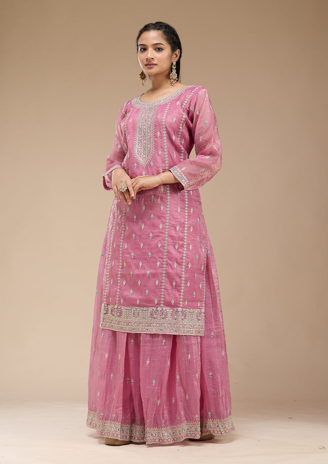 Pink Zariwork (Gold) Organza Readymade Salwar Suit