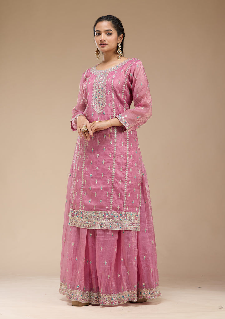 Pink Zariwork (Gold) Organza Readymade Salwar Suit