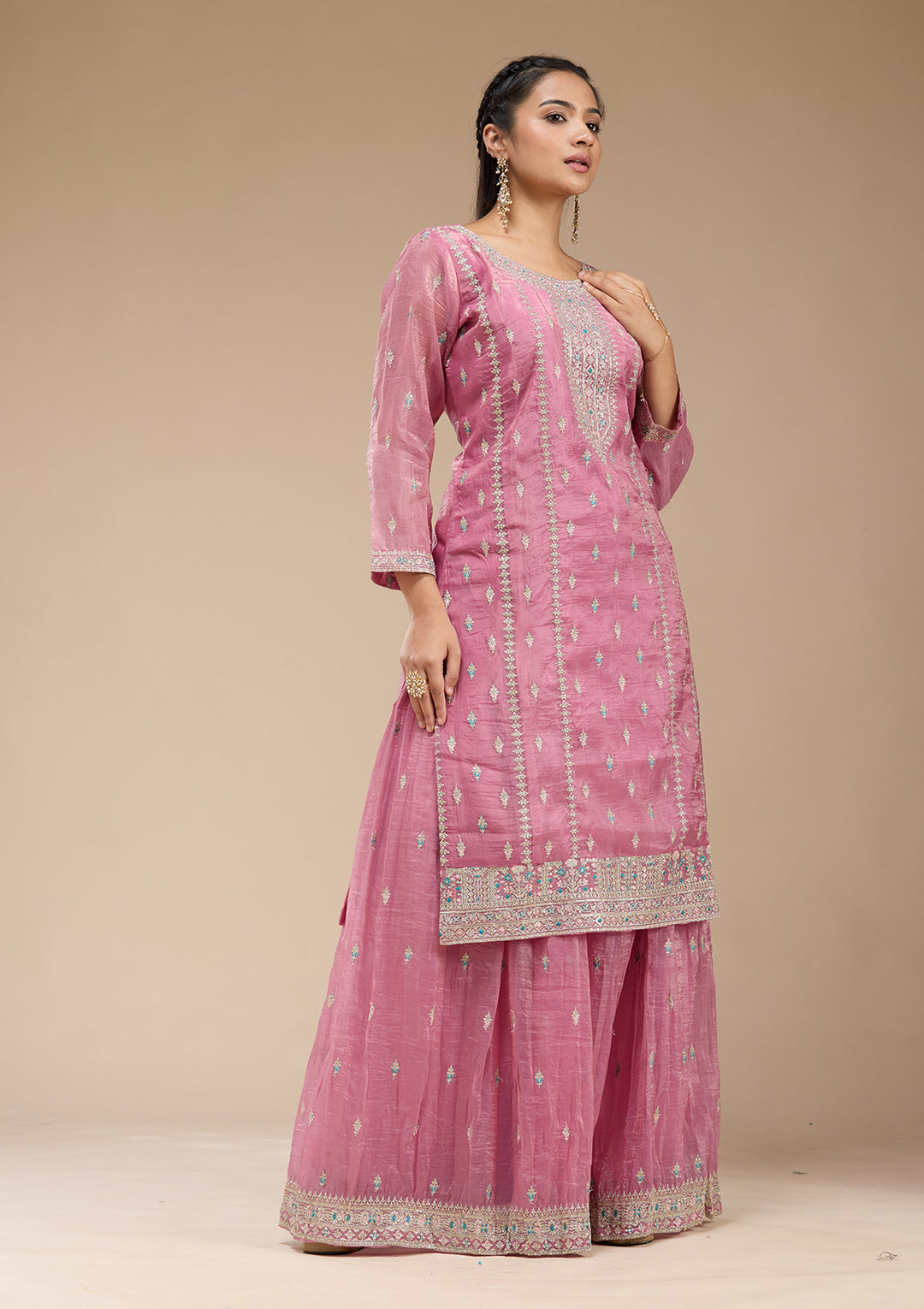 Pink Zariwork (Gold) Organza Readymade Salwar Suit