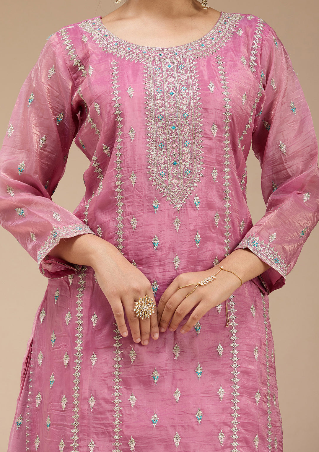 Pink Zariwork (Gold) Organza Readymade Salwar Suit