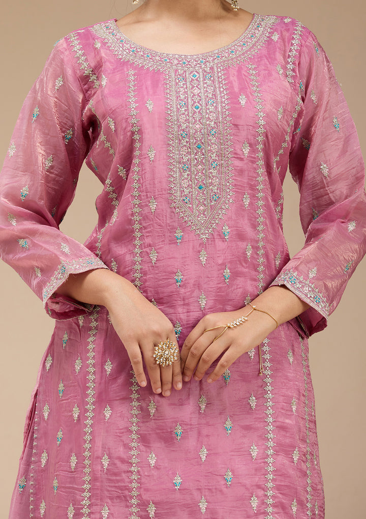 Pink Zariwork (Gold) Organza Readymade Salwar Suit