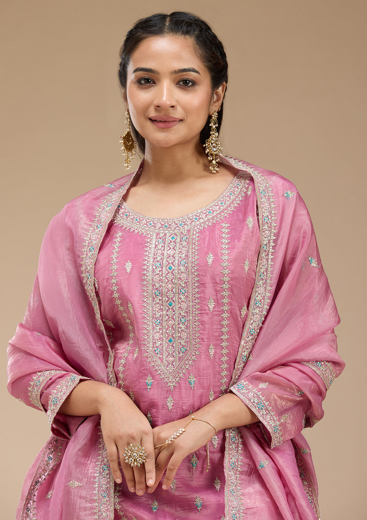 Pink Zariwork (Gold) Organza Readymade Salwar Suit