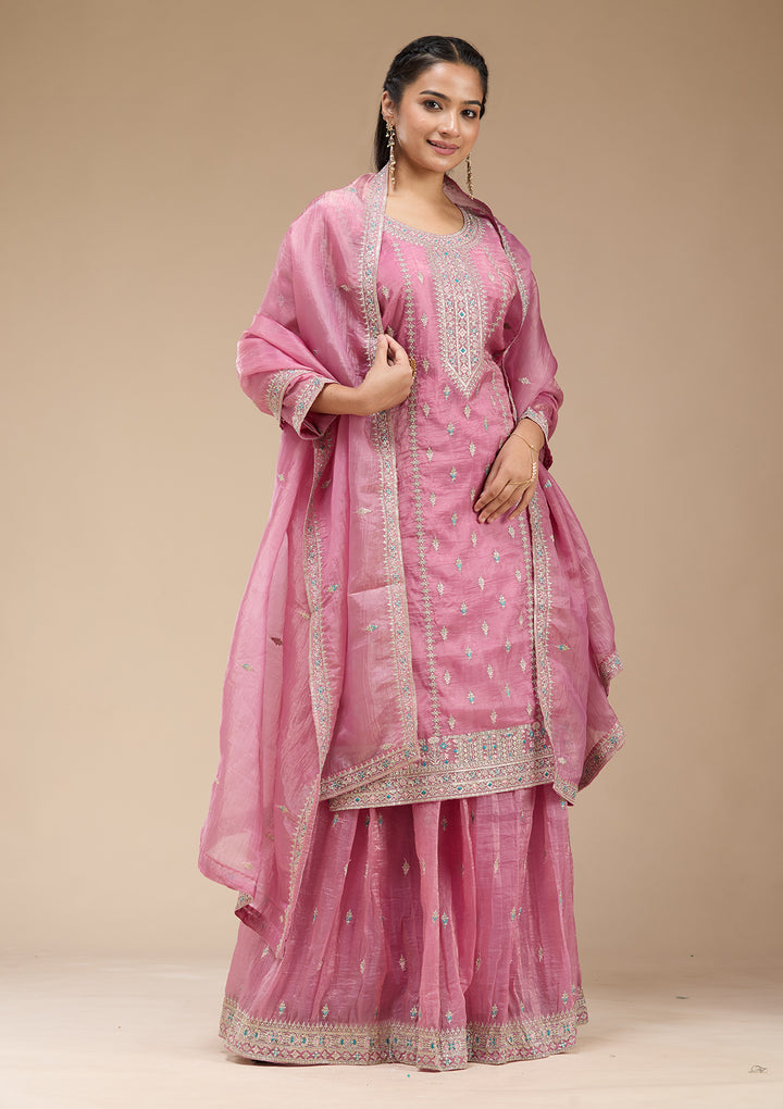 Pink Zariwork (Gold) Organza Readymade Salwar Suit