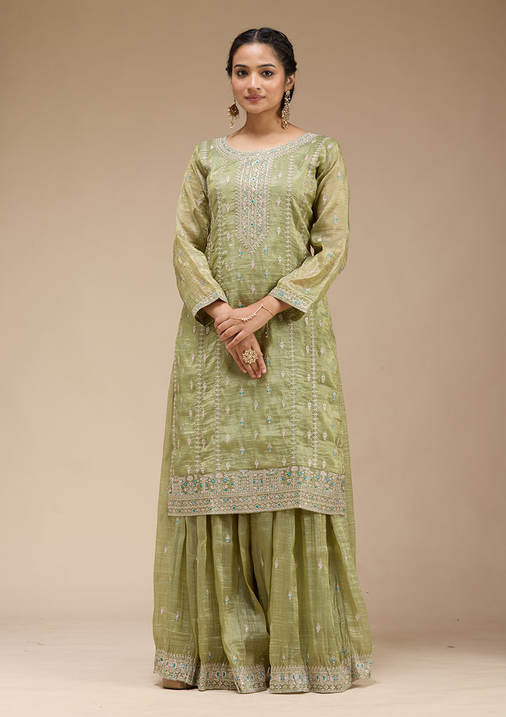 Pista Green Zariwork (Gold) Organza Readymade Salwar Suit