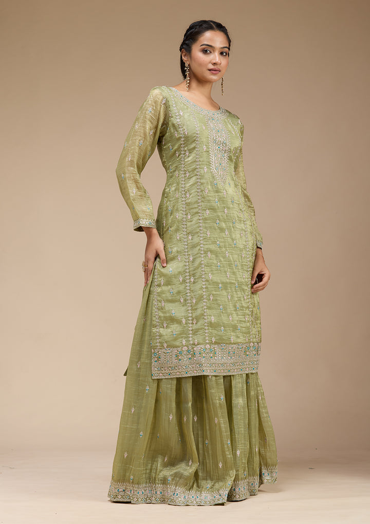 Pista Green Zariwork (Gold) Organza Readymade Salwar Suit