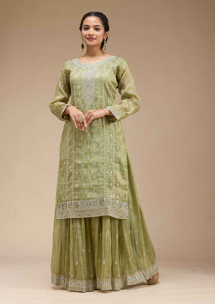 Pista Green Zariwork (Gold) Organza Readymade Salwar Suit