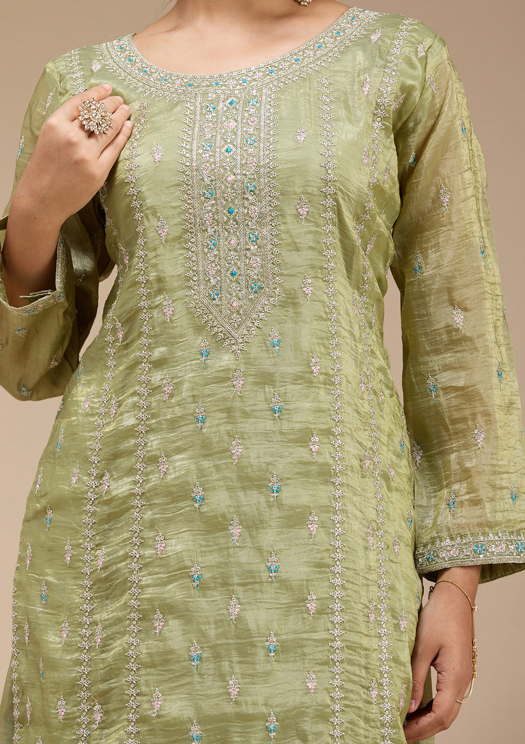Pista Green Zariwork (Gold) Organza Readymade Salwar Suit