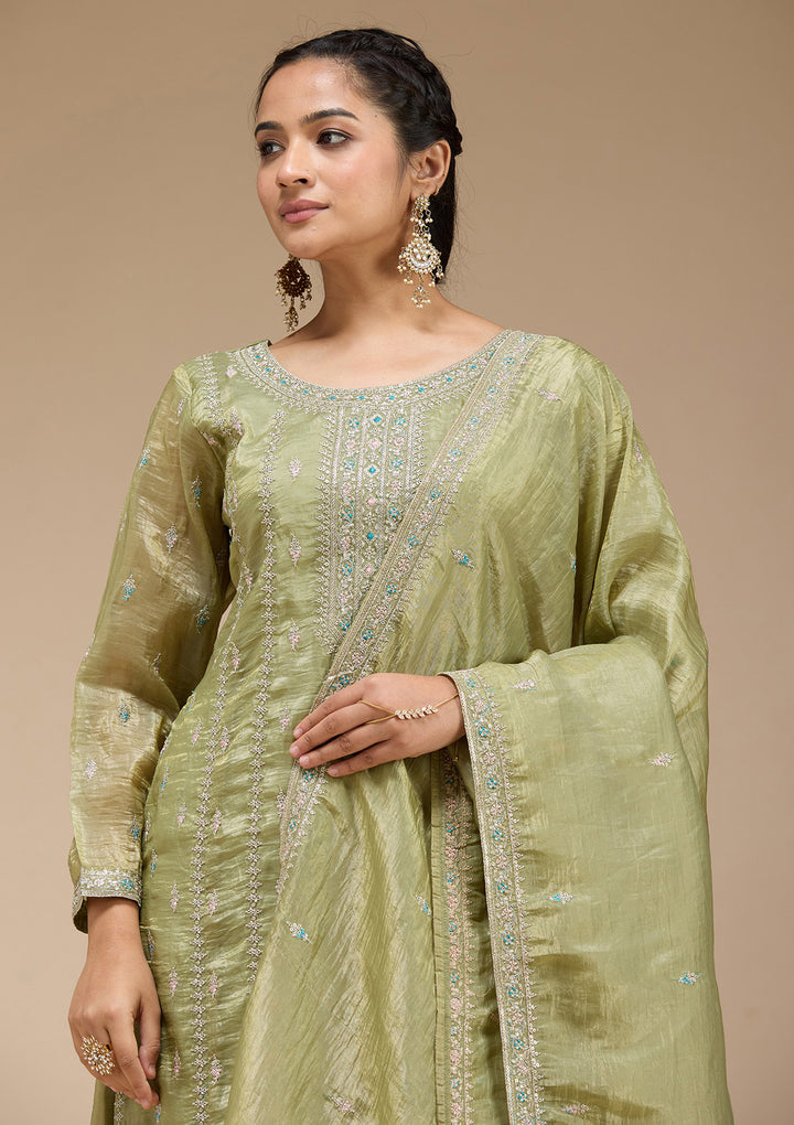Pista Green Zariwork (Gold) Organza Readymade Salwar Suit