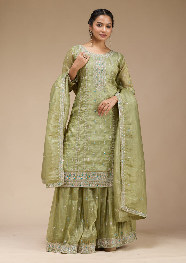 Pista Green Zariwork (Gold) Organza Readymade Salwar Suit