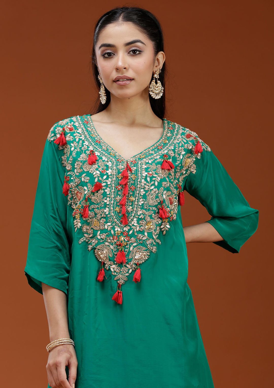 Rama Green Cording Satin Readymade Salwar Suit