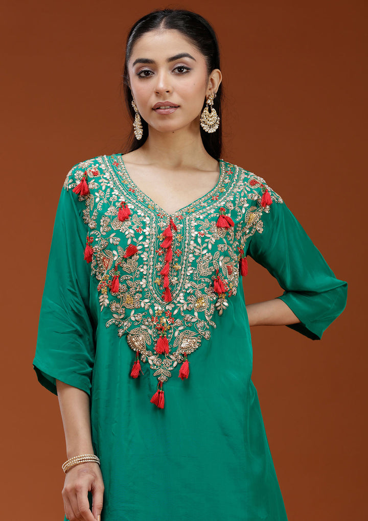 Rama Green Cording Satin Readymade Salwar Suit