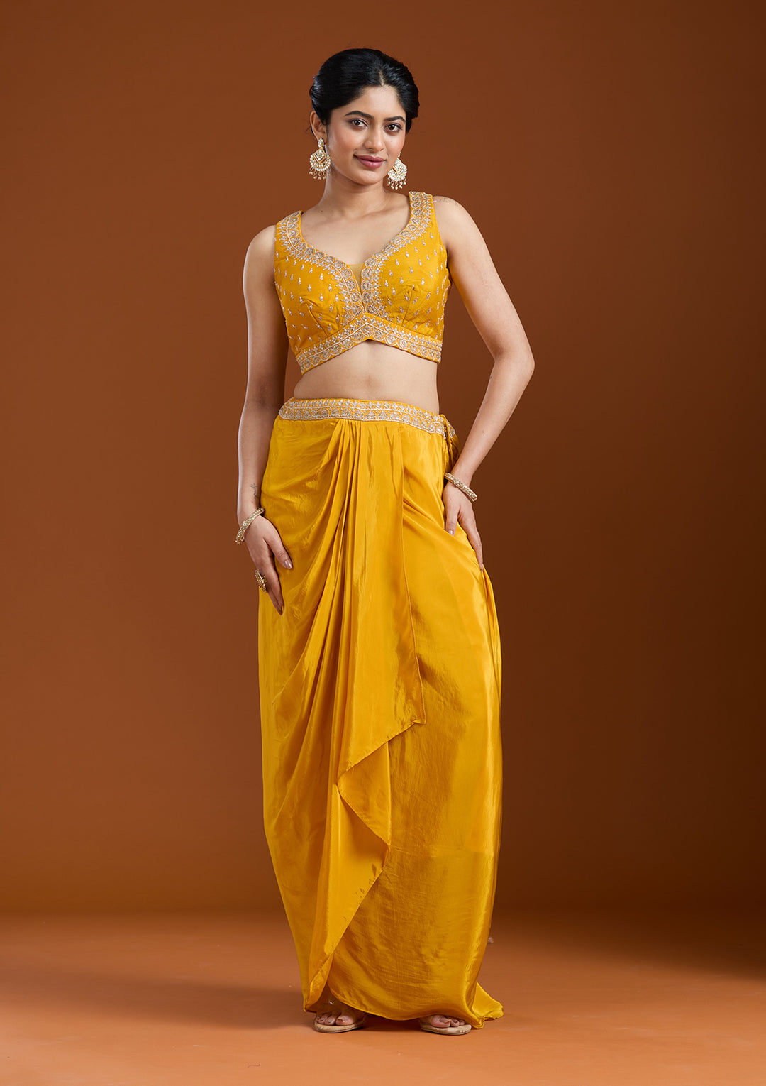 Yellow Zariwork (Gold) Chiffon Readymade Salwar Suit