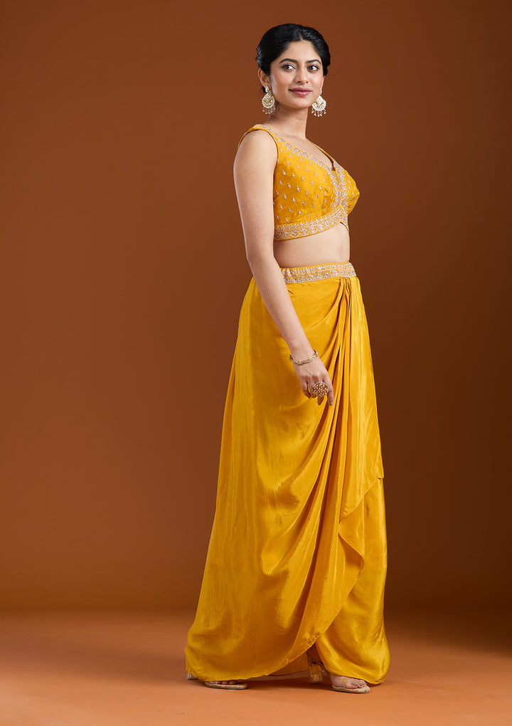 Yellow Zariwork (Gold) Chiffon Readymade Salwar Suit