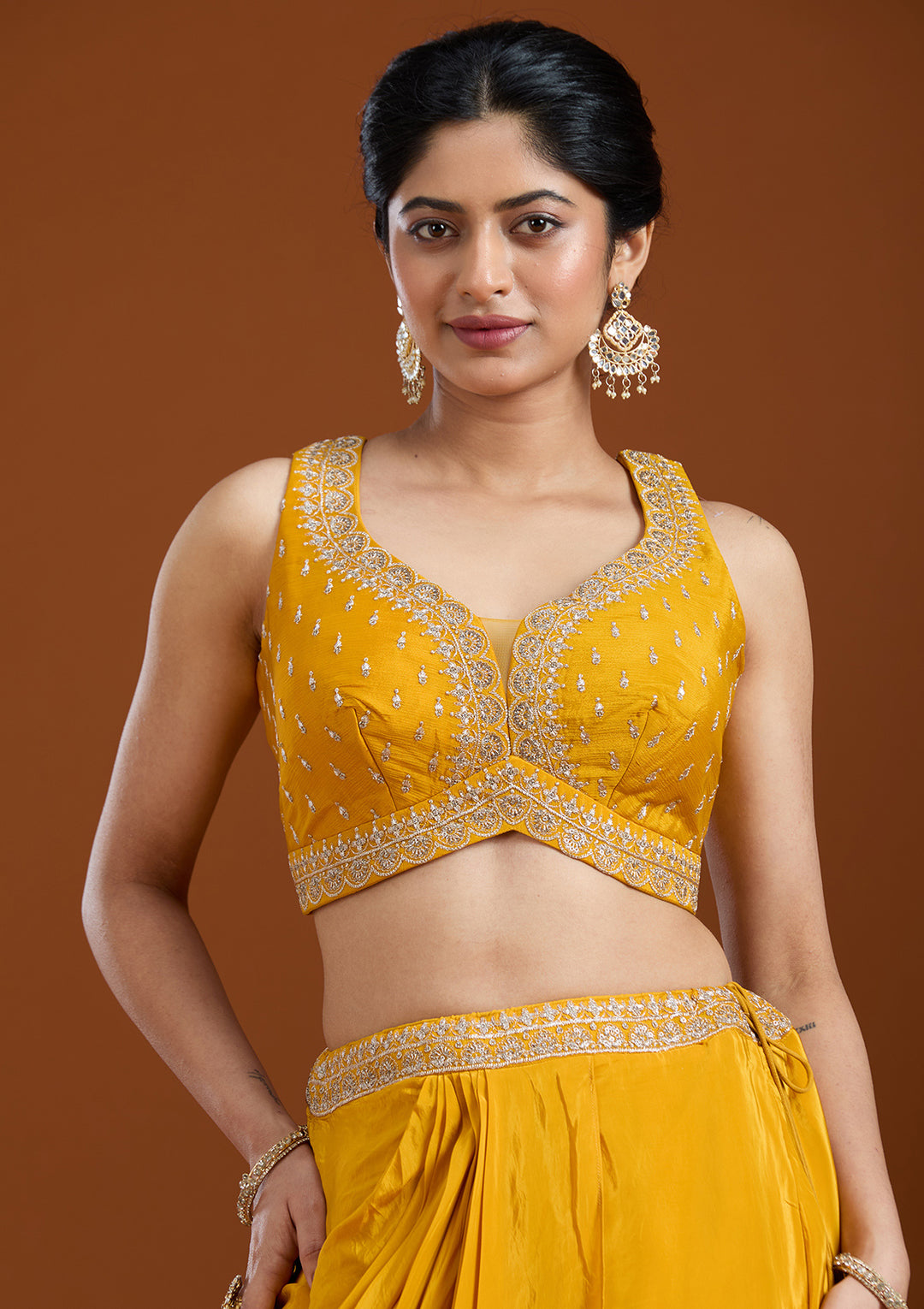 Yellow Zariwork (Gold) Chiffon Readymade Salwar Suit