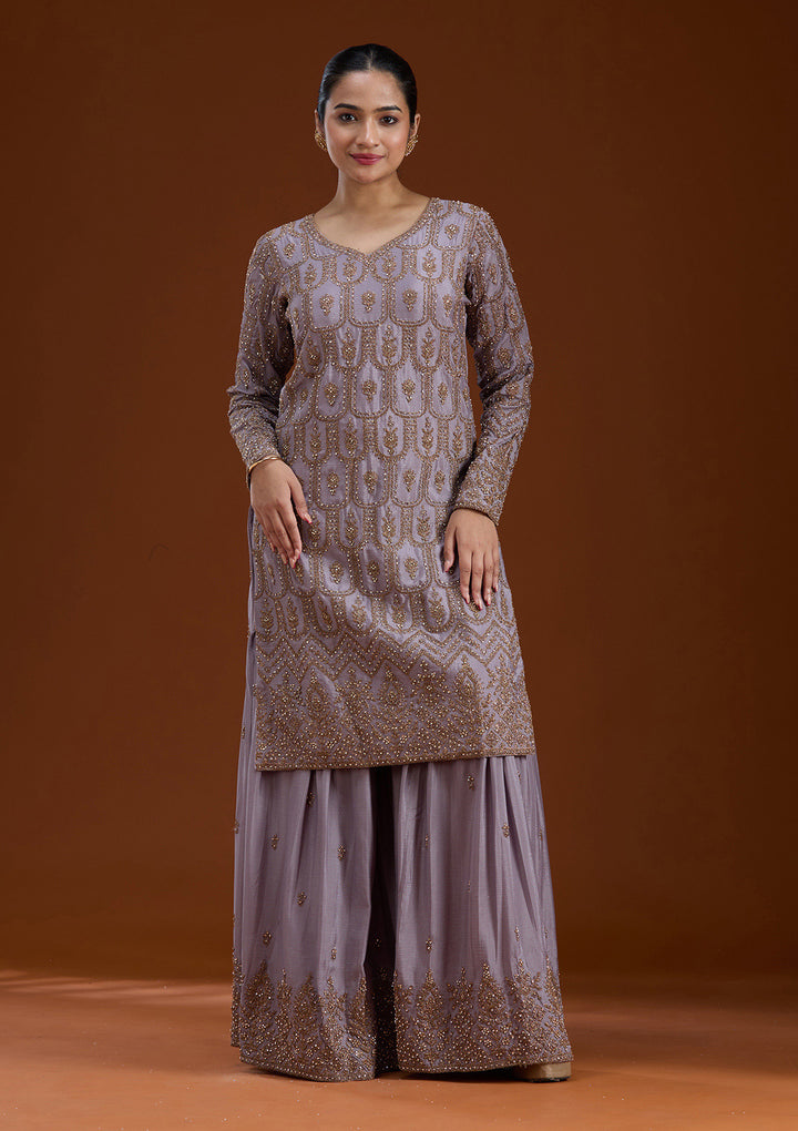 Lavender Stonework (Gold) Georgette Readymade Salwar Suit