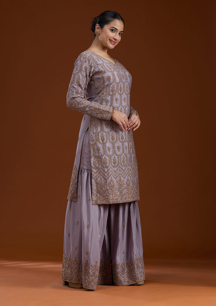 Lavender Stonework (Gold) Georgette Readymade Salwar Suit