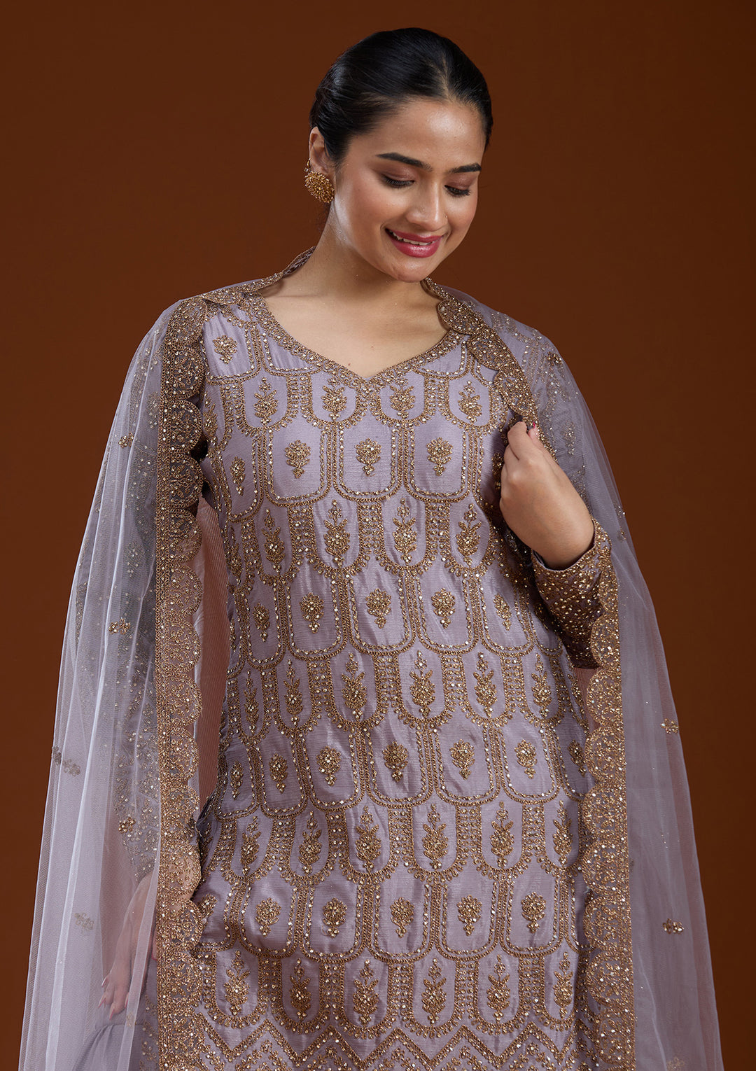 Lavender Stonework (Gold) Georgette Readymade Salwar Suit