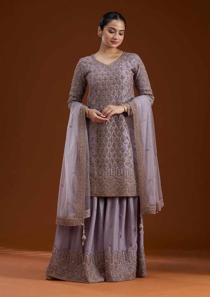 Lavender Stonework (Gold) Georgette Readymade Salwar Suit