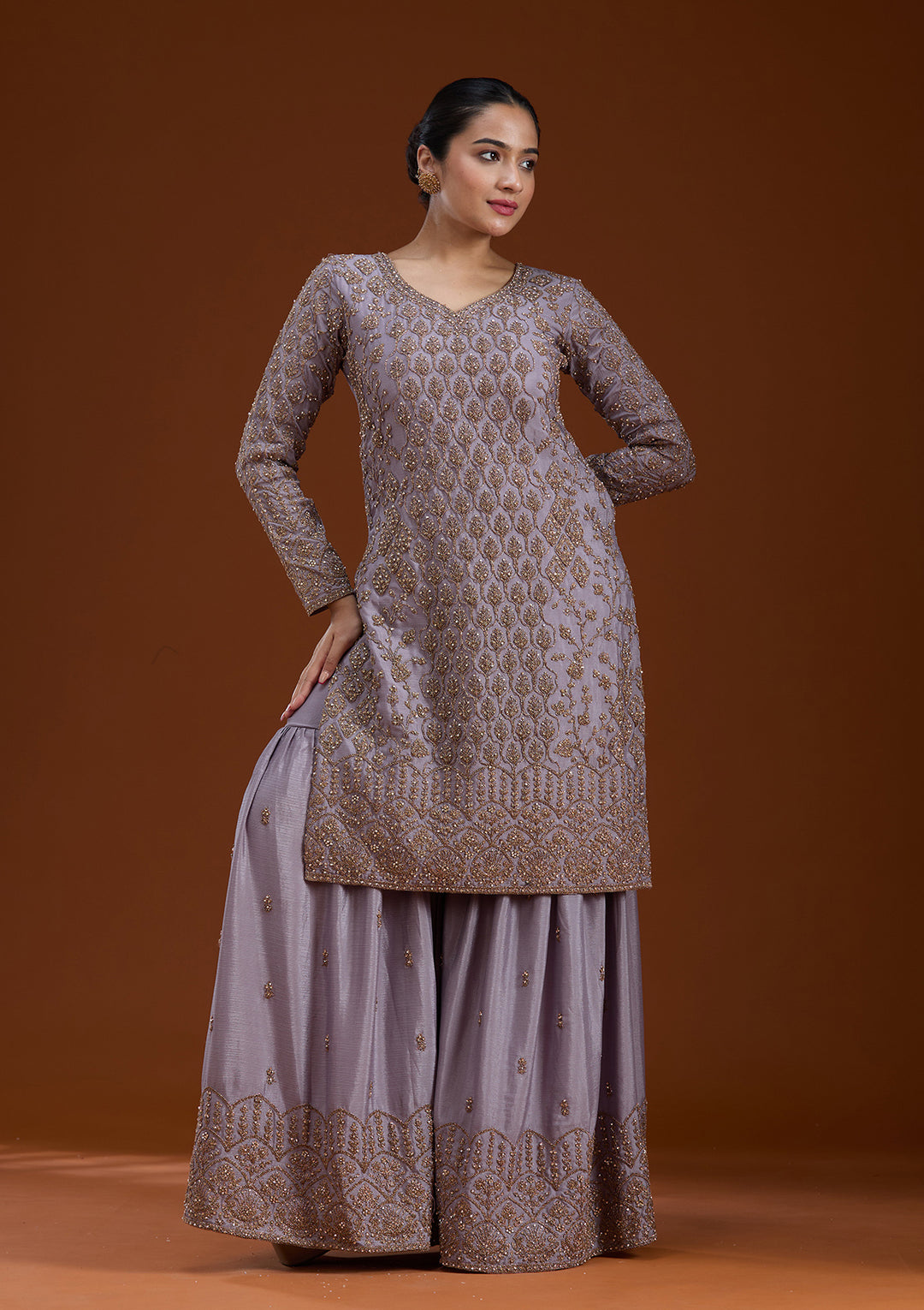 Lavender Stonework (Gold) Georgette Readymade Salwar Suit