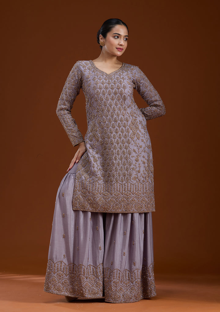 Lavender Stonework (Gold) Georgette Readymade Salwar Suit