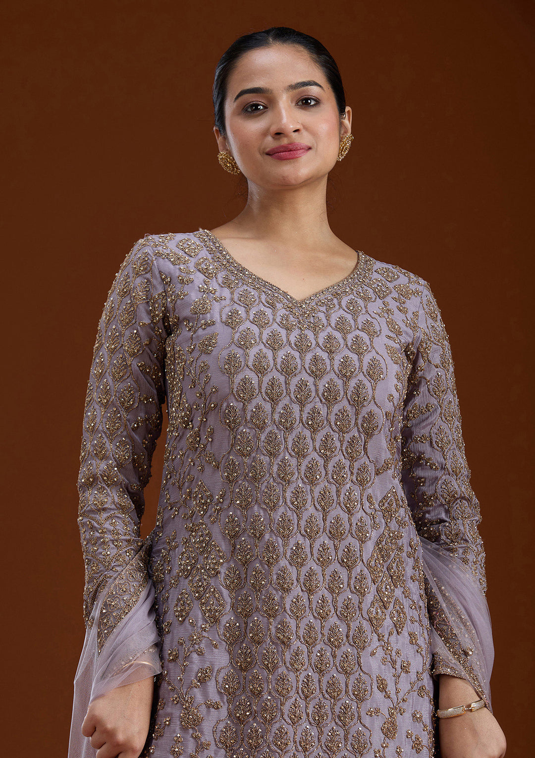 Lavender Stonework (Gold) Georgette Readymade Salwar Suit