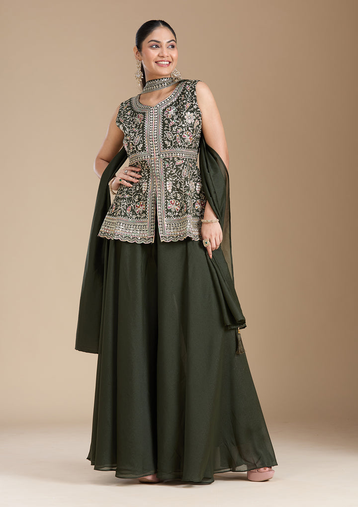 Bottle Green Zariwork (Gold) Georgette Readymade Salwar Suit