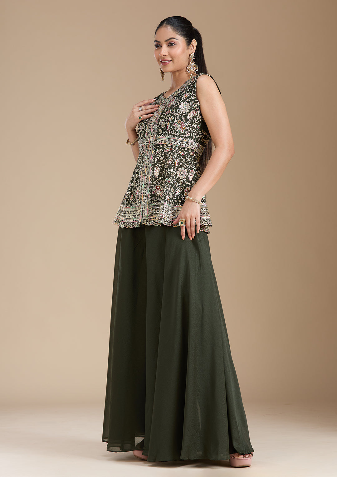 Bottle Green Zariwork (Gold) Georgette Readymade Salwar Suit