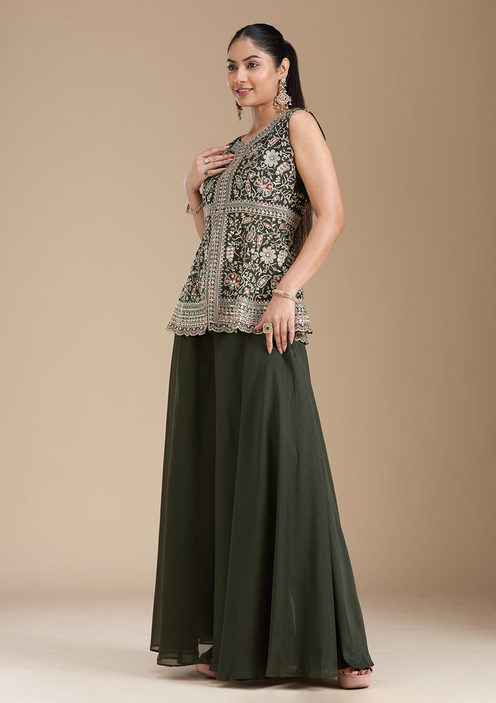 Bottle Green Zariwork (Gold) Georgette Readymade Salwar Suit