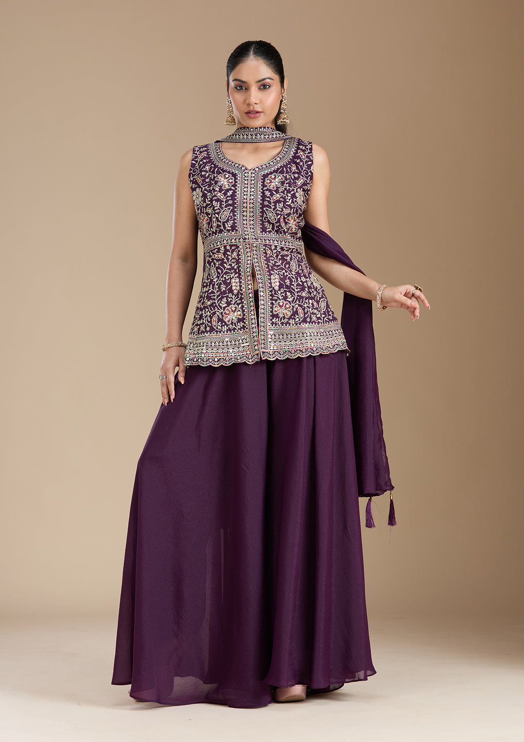 Wine Zariwork (Gold) Georgette Readymade Salwar Suit