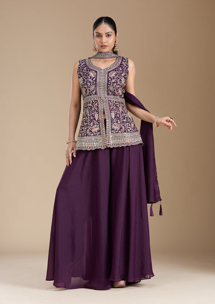 Wine Zariwork (Gold) Georgette Readymade Salwar Suit