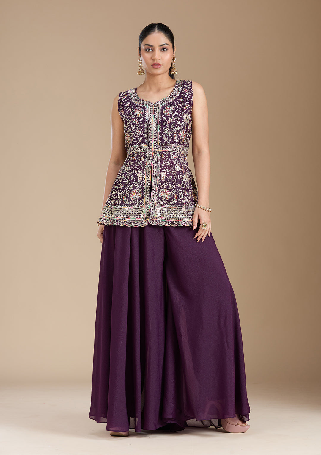 Wine Zariwork (Gold) Georgette Readymade Salwar Suit