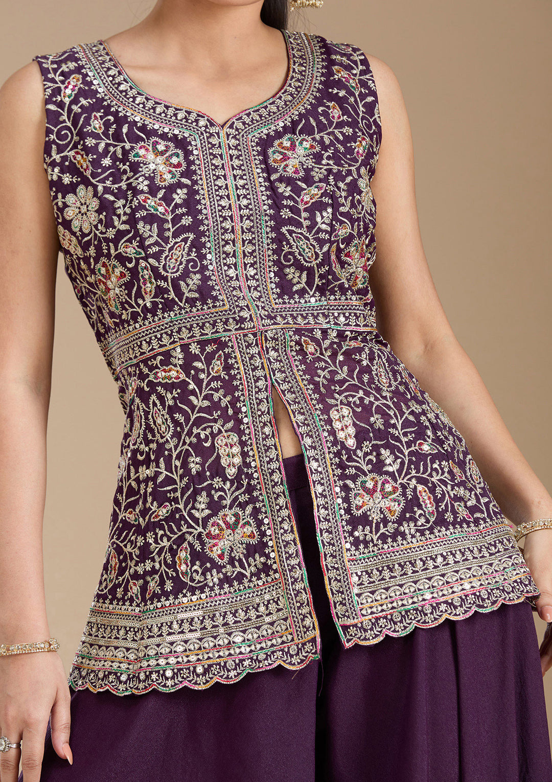 Wine Zariwork (Gold) Georgette Readymade Salwar Suit