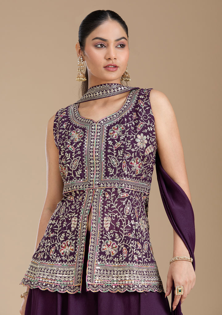 Wine Zariwork (Gold) Georgette Readymade Salwar Suit